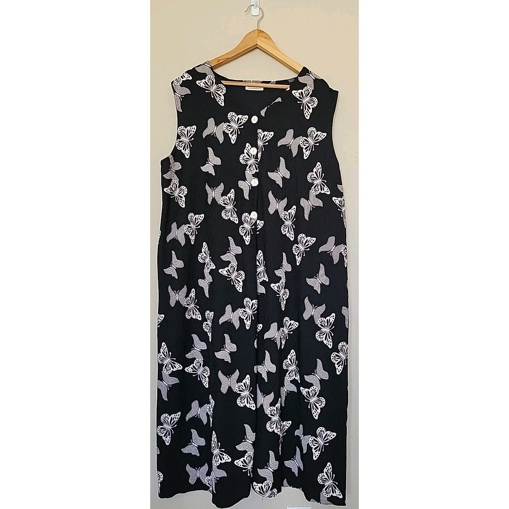 Roaman's Black Beach Cover Up Tunic Dress 3X ? Crinkle Gauzy Butterflies 90s Y2K